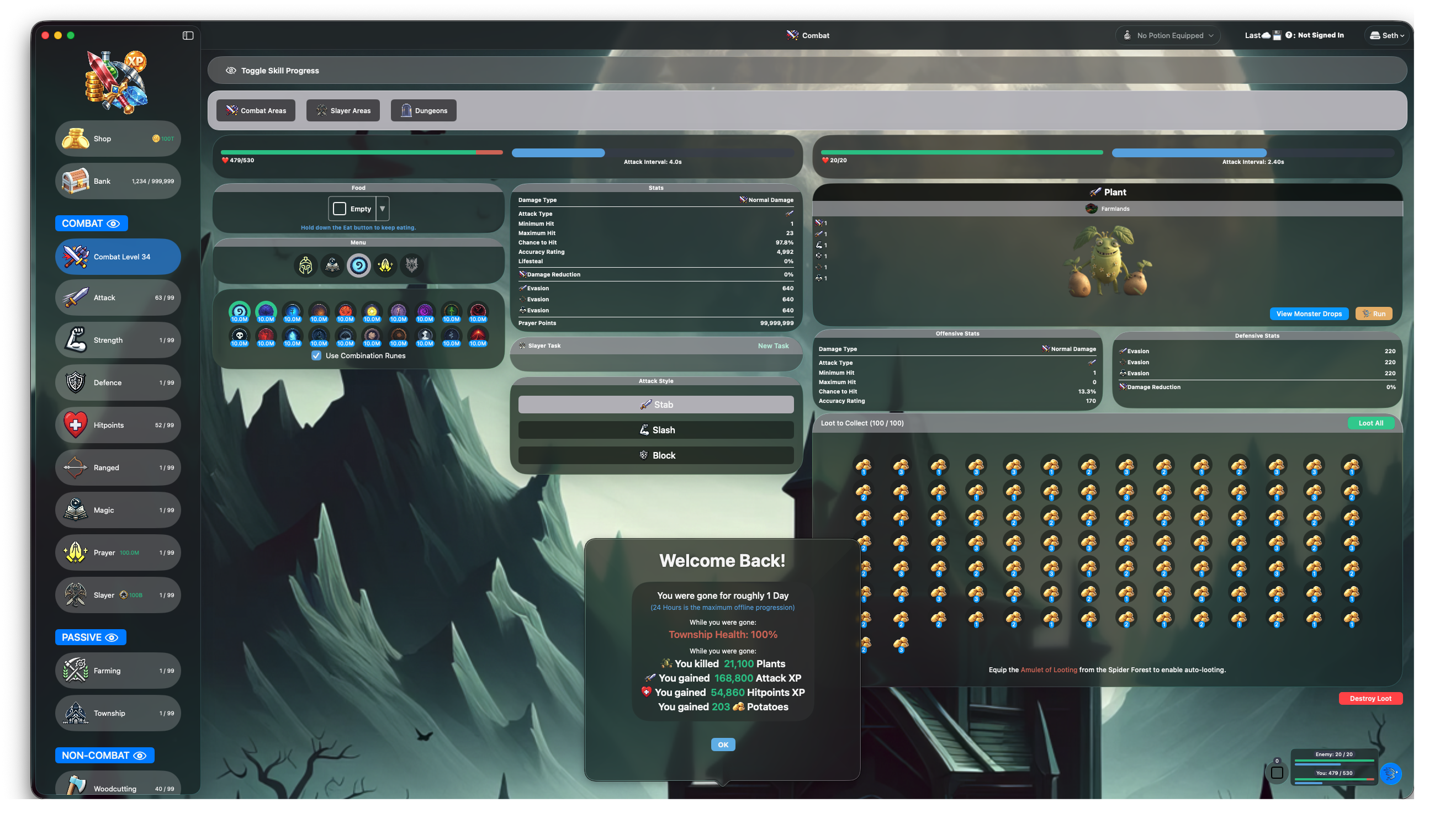 Tideward on Mac — combat interface with offline progression summary
