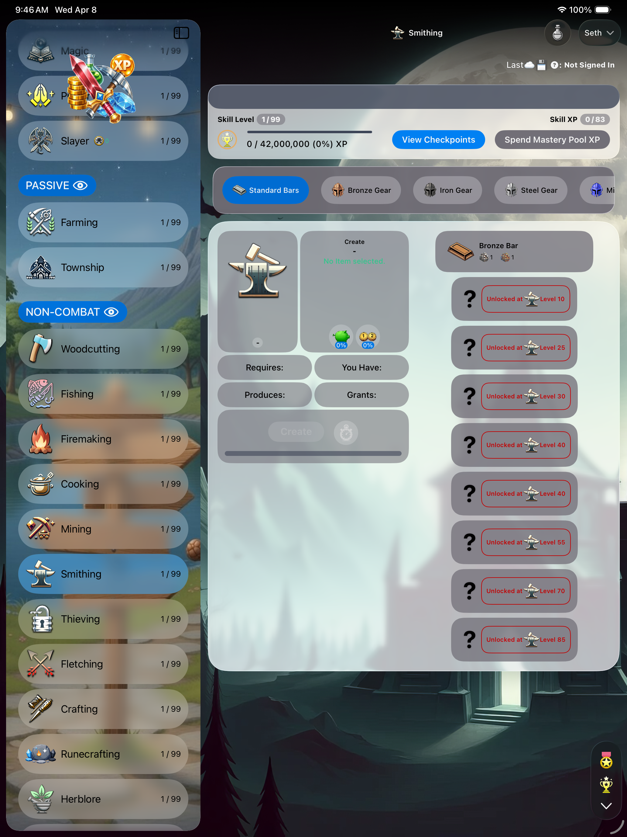 Tideward on iPad — Forging trade with full almanac visible