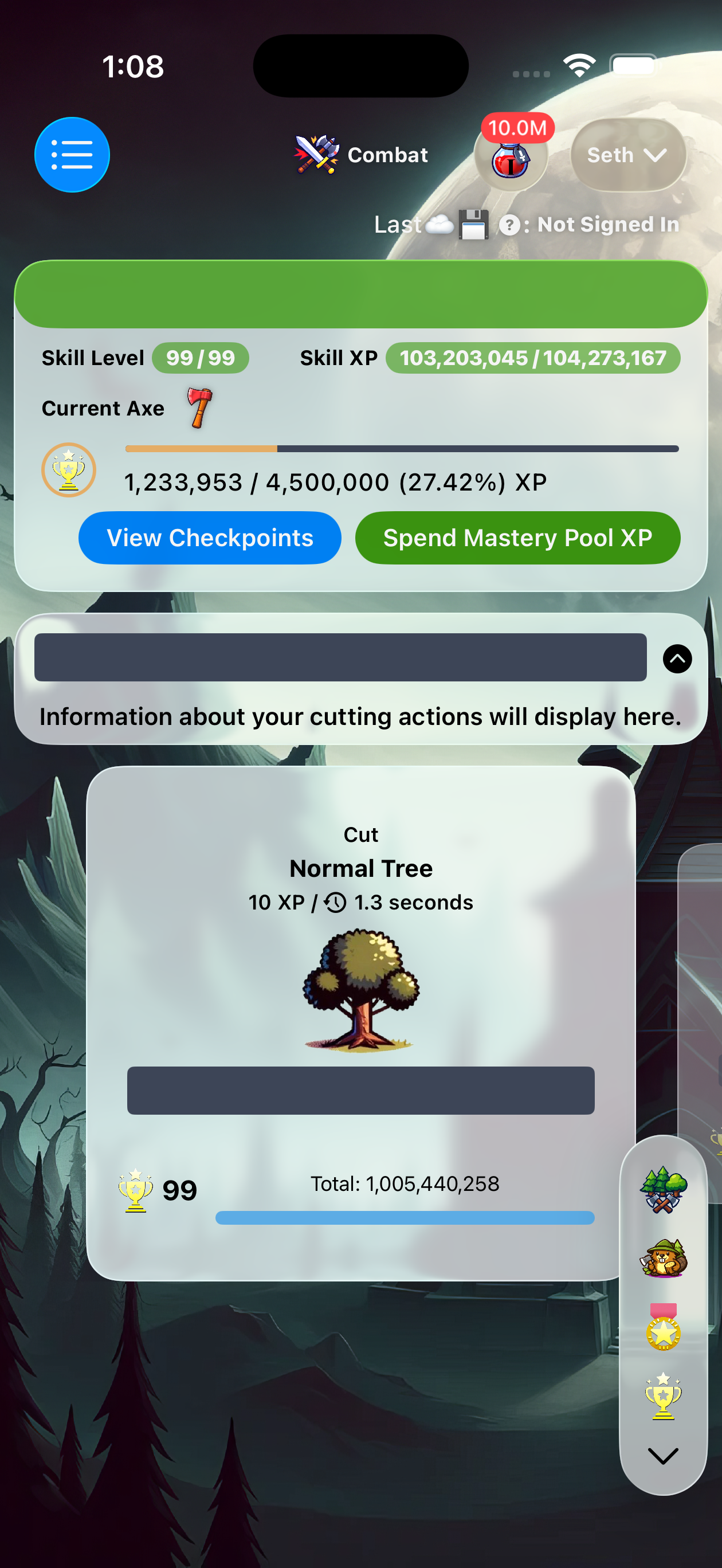 Tideward on iPhone — Woodcutting trade progression and inventory
