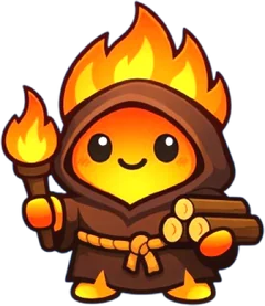 Cinder, a hooded little flame with a torch