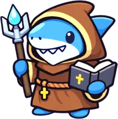 Deacon, a shark in a monk's habit with a trident and a book