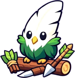 Fletch, a white bird perched on arrows and logs