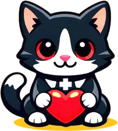 Hearty, a tuxedo cat hugging a big red heart