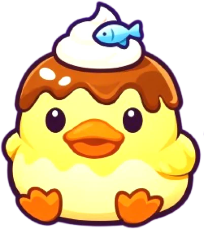 a pudding duck with a fish on its head