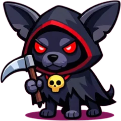 Shroud, a hooded reaper cat with a scythe