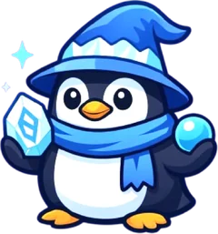 Sigil, a penguin wizard in a scarf with a crystal