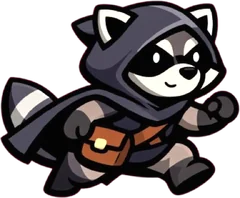 Skiff, a hooded raccoon on the run with a satchel