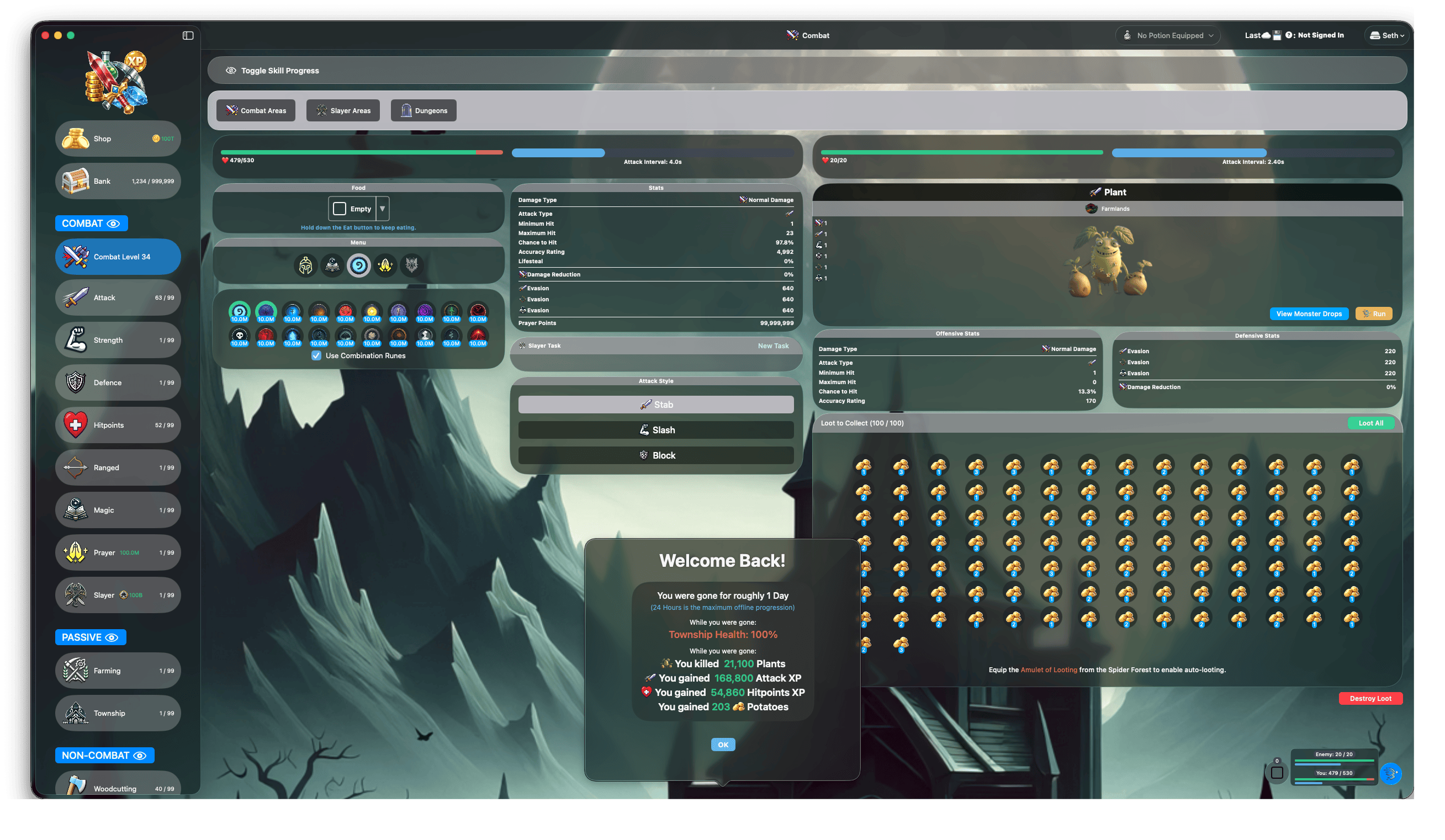 Tideward running on Mac: a RuneScape-lineage idle RPG with 23 trades and offline gains